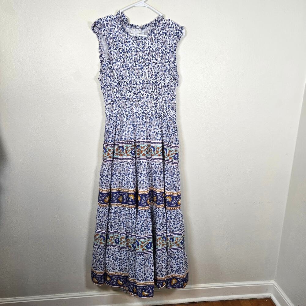 Calypso St Barth Tiered Maxi Dress Women's M Blue Floral Smocked Cottagecore